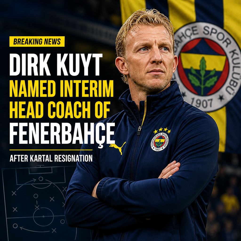 Dirk Kuyt wearing Fenerbahçe jacket, smiling during a press conference as new interim head coach.