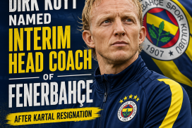 Dirk Kuyt poses in Fenerbahçe gear, named interim head coach after Kartal's resignation.