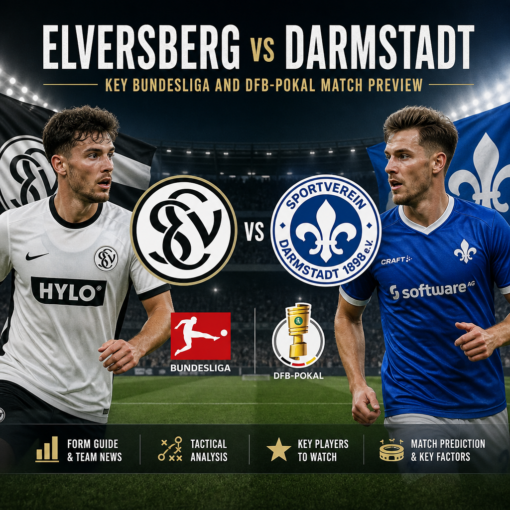 Match preview graphic showing Elversberg vs Darmstadt with stats, team news, and tactical analysis for Bundesliga and DFB-Pok