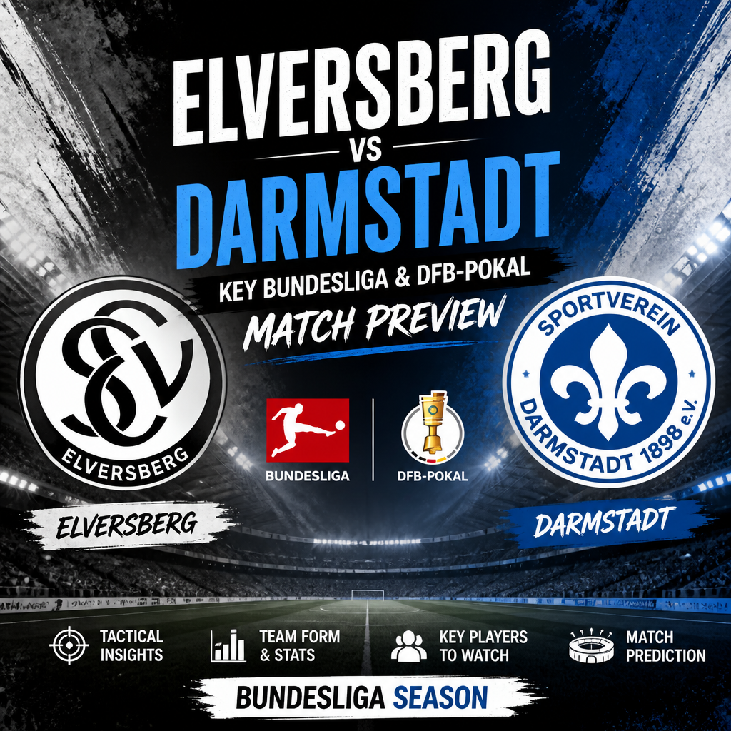 Elversberg vs Darmstadt match preview graphic showing team lineups, stats, and key player info for Bundesliga and DFB-Pokal.