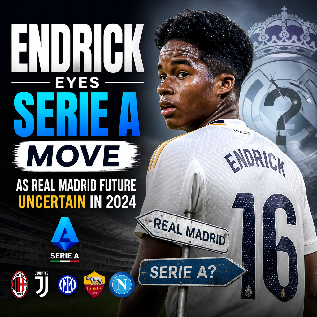 Close-up of Endrick looking thoughtful, reflecting on a possible Serie A transfer amid Real Madrid future doubts.