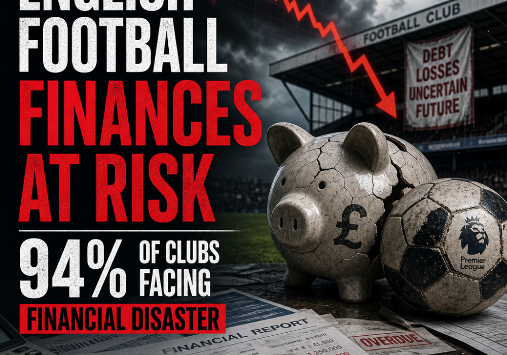 Graph showing 94% of English football clubs at financial risk due to debt and losses.