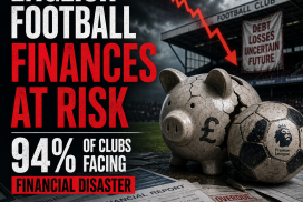Graph showing 94% of English football clubs at financial risk due to debt and losses.