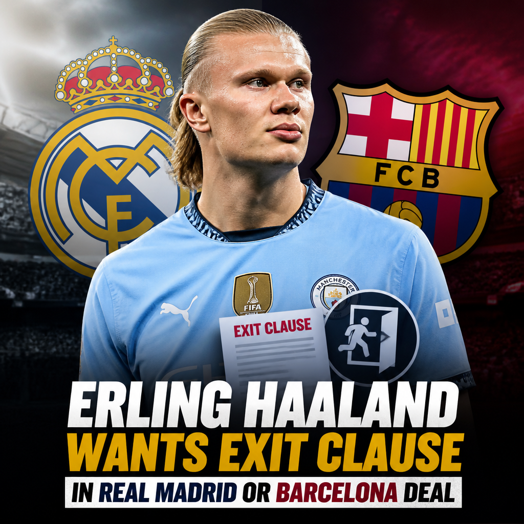 Erling Haaland in Borussia Dortmund kit, focused during a match, highlighting transfer interest from Real Madrid and Barcelon