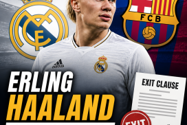 Erling Haaland in a Borussia Dortmund jersey, looking determined with stadium lights in the background.