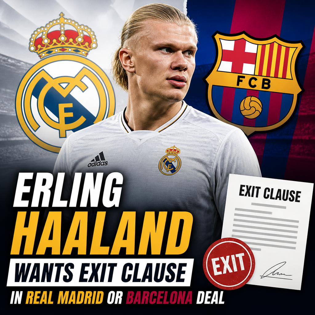 Erling Haaland in a Borussia Dortmund jersey, looking determined with stadium lights in the background.