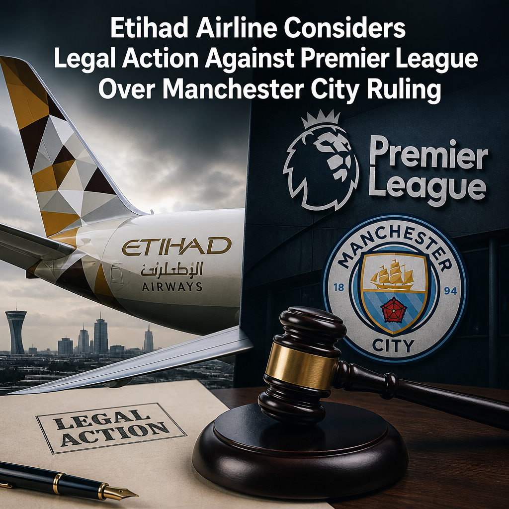 Etihad Airways logo next to the Premier League logo with a courthouse icon symbolizing potential legal action.