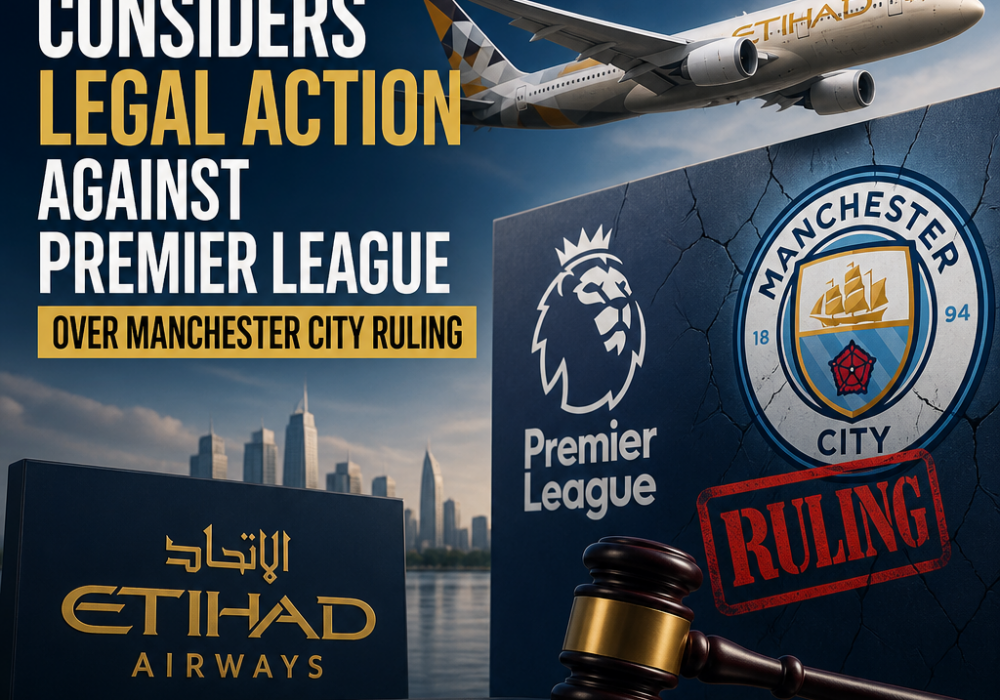 Etihad Airlines plane with Premier League logo in background, symbolizing possible legal dispute over Manchester City ruling.