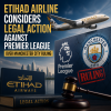 Etihad Airlines plane with Premier League logo in background, symbolizing possible legal dispute over Manchester City ruling.