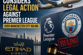 Etihad Airlines plane with Premier League logo in background, symbolizing possible legal dispute over Manchester City ruling.