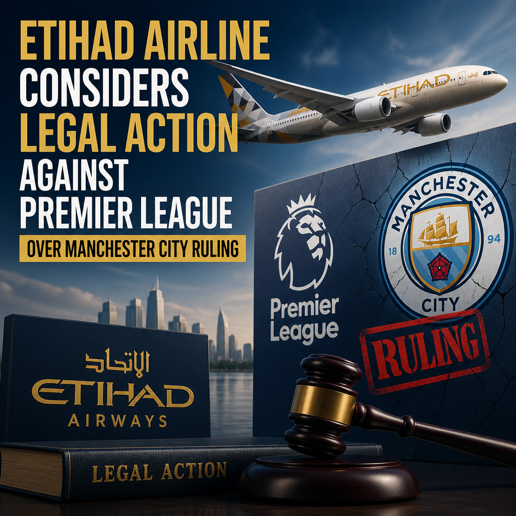 Etihad Airlines plane with Premier League logo in background, symbolizing possible legal dispute over Manchester City ruling.