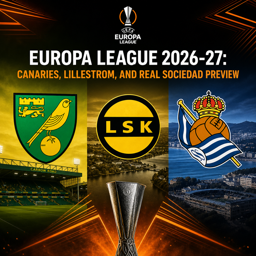 UEFA Europa League 2026-27 logo with Norwich City Canaries, Lillestrom SK, and Real Sociedad team crests.