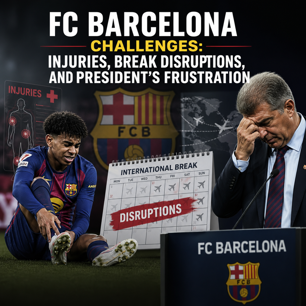 FC Barcelona players on the field, highlighting challenges like injuries, international breaks, and the president's frustrati