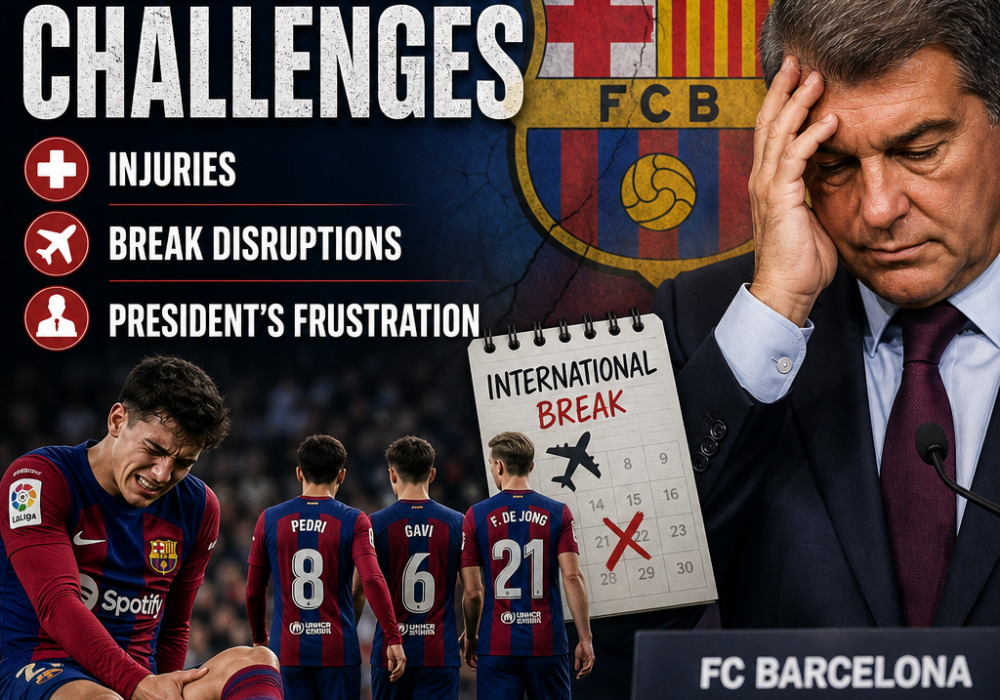 FC Barcelona players on the field with a frustrated president, highlighting injuries and international break challenges.