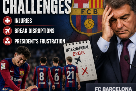 FC Barcelona players on the field with a frustrated president, highlighting injuries and international break challenges.