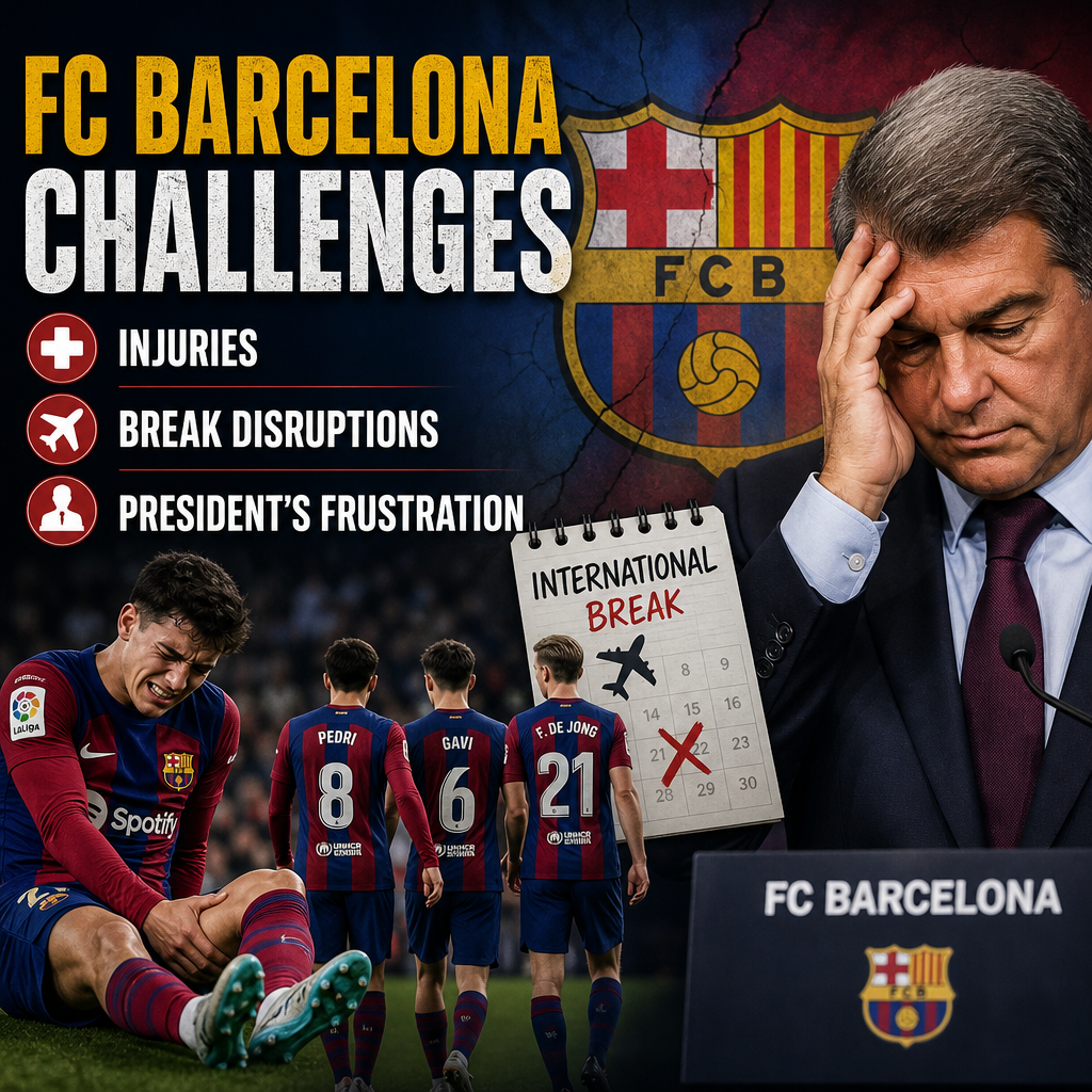 FC Barcelona players on the field with a frustrated president, highlighting injuries and international break challenges.