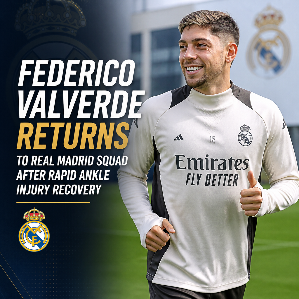 Federico Valverde in Real Madrid kit celebrates on the field after returning from ankle injury.