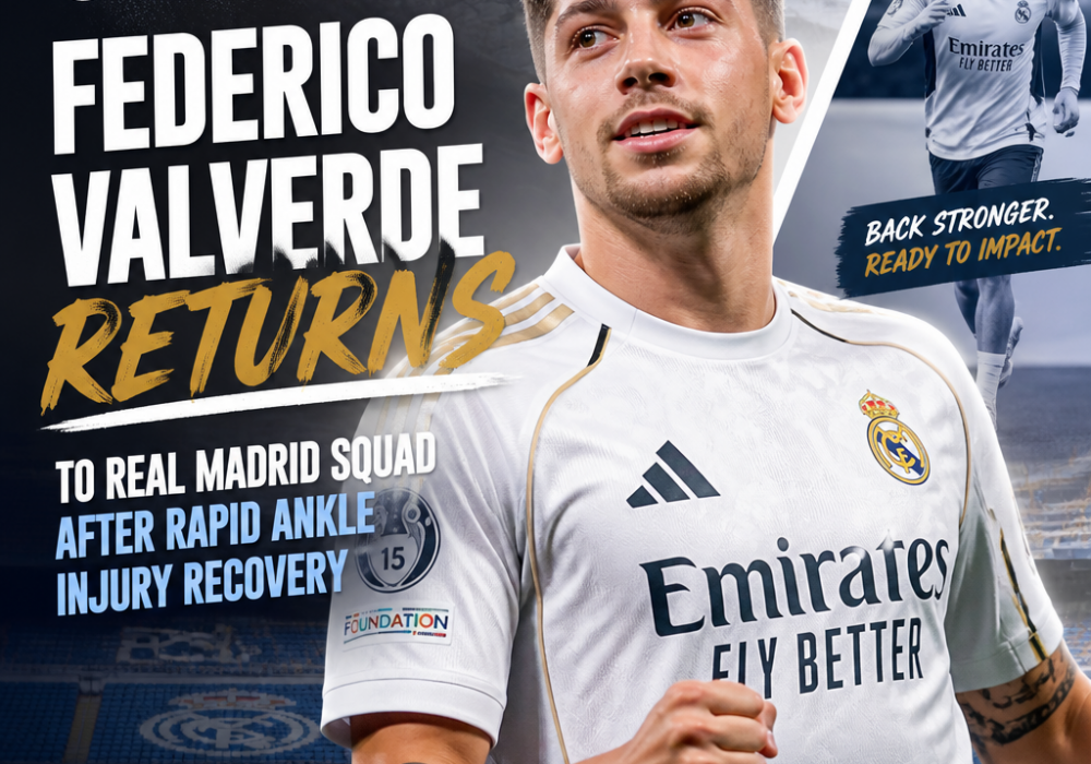 Federico Valverde on the field, celebrating as he returns to Real Madrid squad after ankle injury recovery.