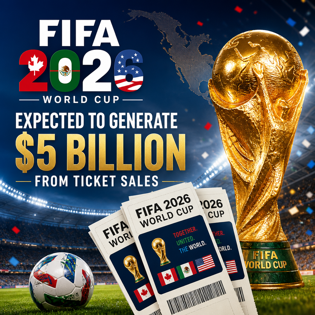 Map showing FIFA 2026 World Cup host countries: Canada, Mexico, and the USA, highlighting expected $5 billion ticket revenue.