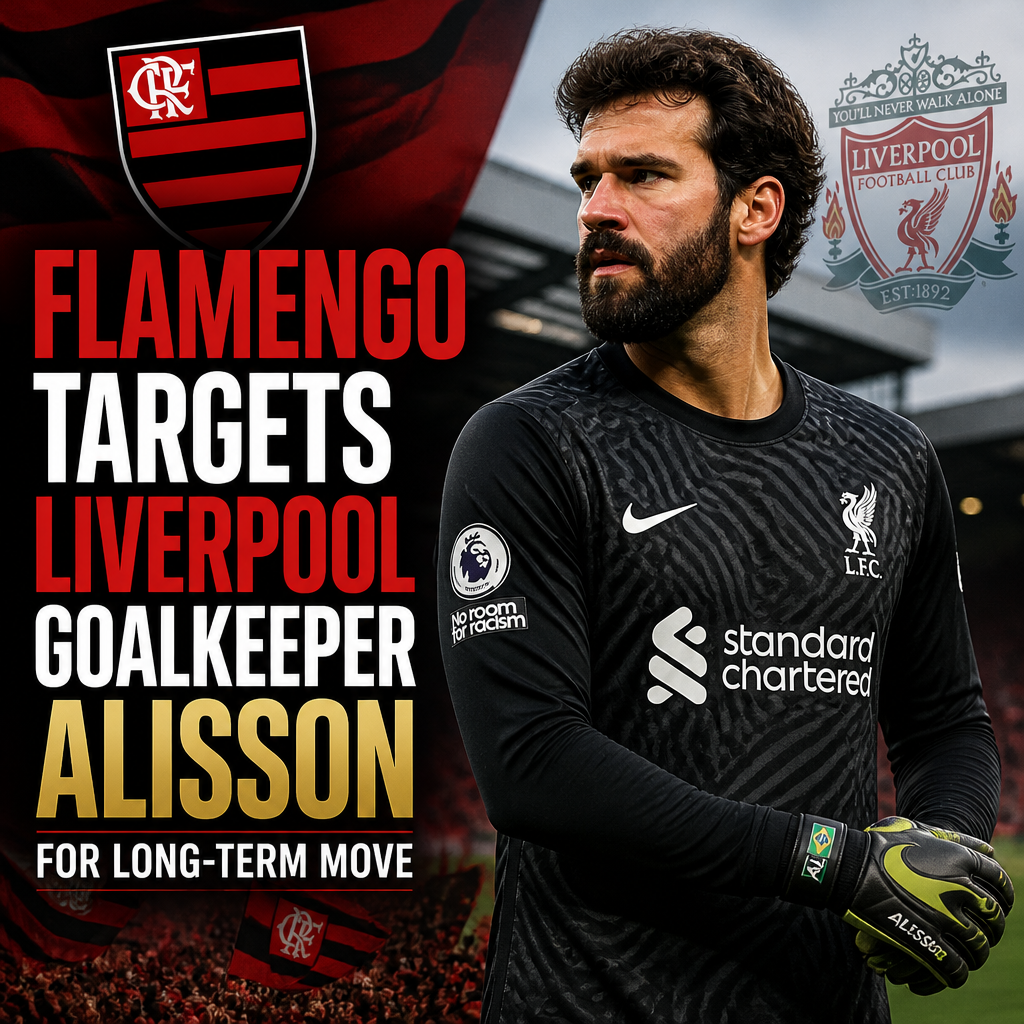Liverpool goalkeeper Alisson making a save during a match, highlighted as Flamengo's long-term transfer target.