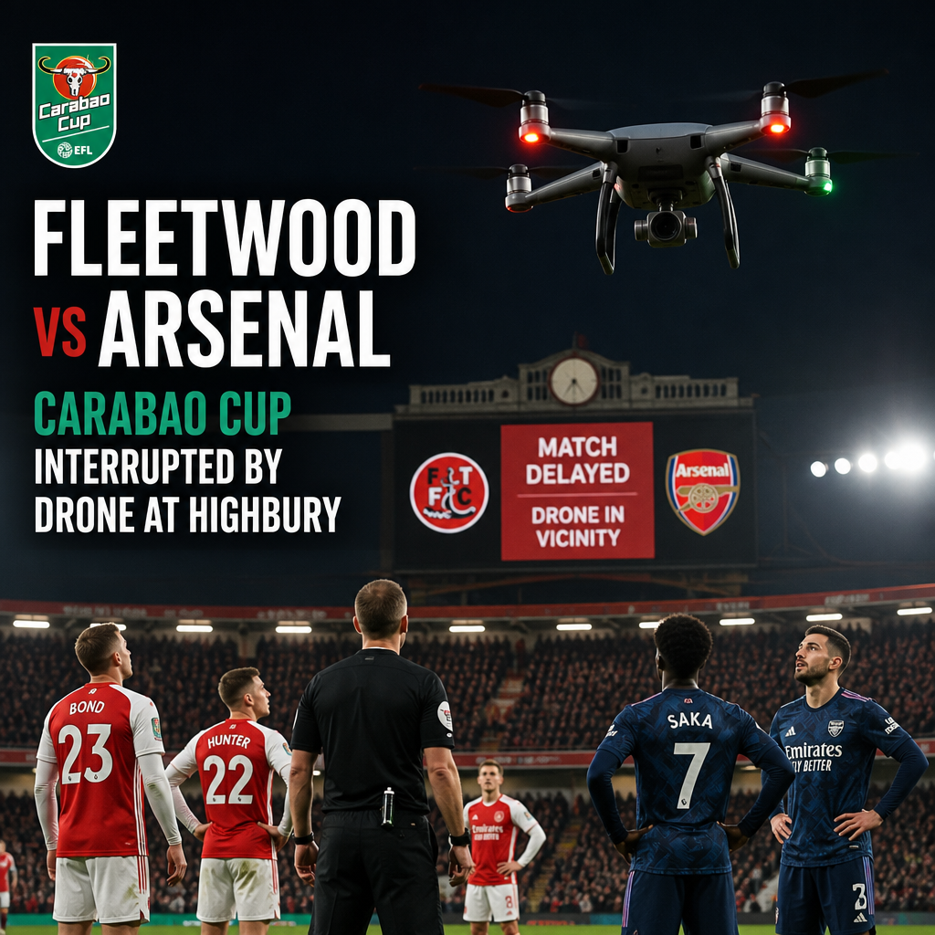 Drone flies over the pitch, causing delay during Fleetwood vs Arsenal Carabao Cup match at Highbury stadium.