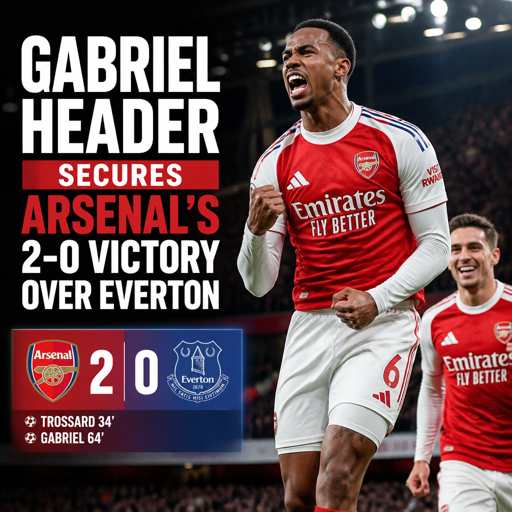 Gabriel heads the ball to score, securing Arsenal's 2-0 win over Everton in a Premier League match.