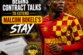 Football player Malcom Bokelé in Göztepe jersey during contract extension talks.