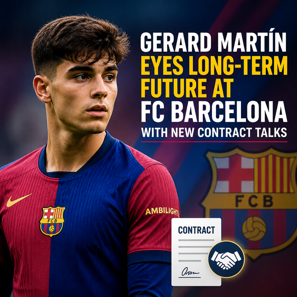 Gerard Martín in FC Barcelona jersey, looking focused during a contract negotiation event.