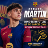 Gerard Martín wearing FC Barcelona kit, looking focused during a match with a blurred crowd in the background.