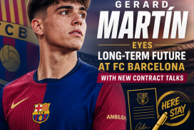 Gerard Martín wearing FC Barcelona kit, looking focused during a match with a blurred crowd in the background.