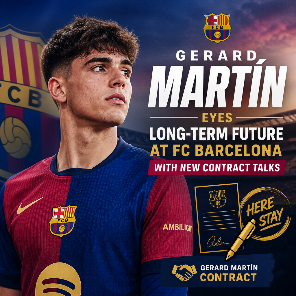 Gerard Martín wearing FC Barcelona kit, looking focused during a match with a blurred crowd in the background.