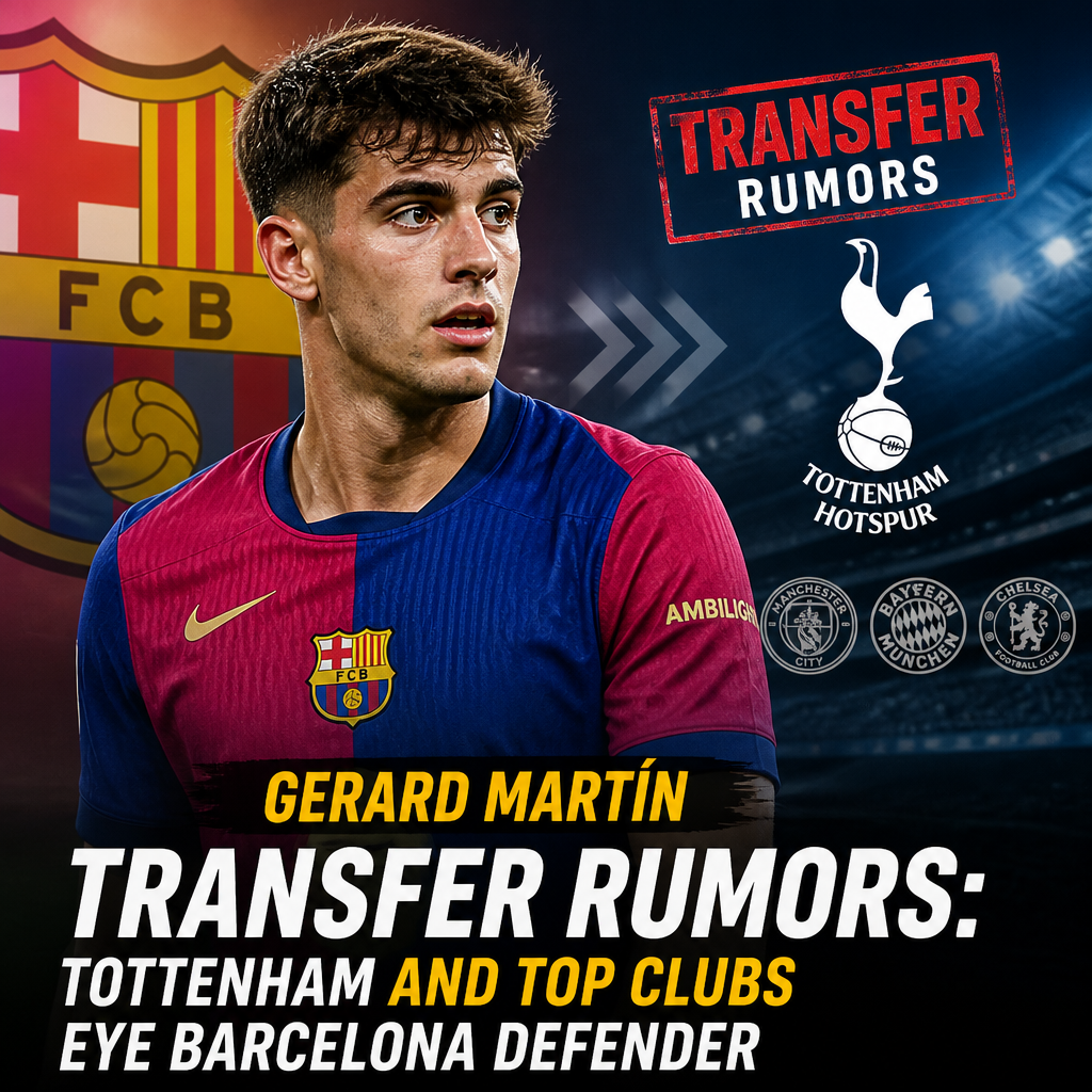Gerard Martín in Barcelona kit with transfer rumors linking him to Tottenham and other top clubs.