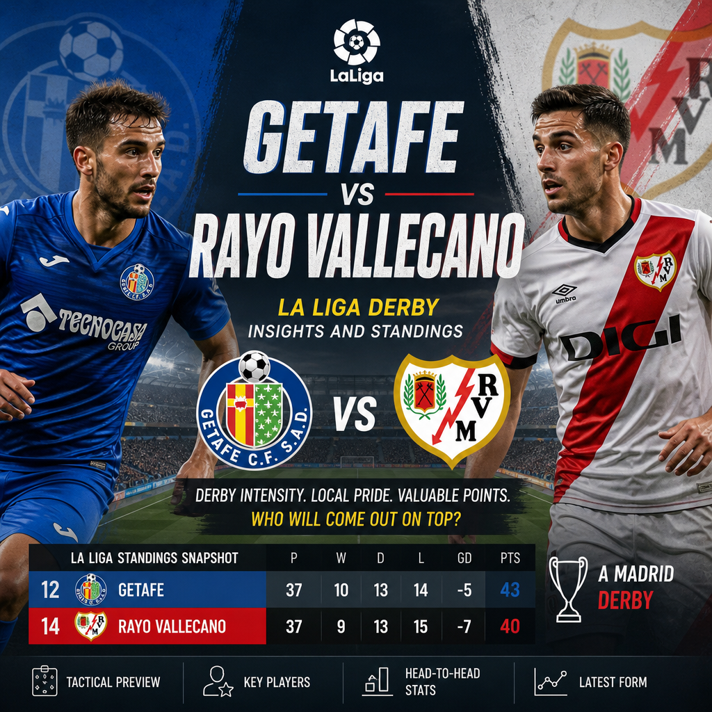 Graphic preview of Getafe vs Rayo Vallecano La Liga derby with team logos, standings, and key match stats.