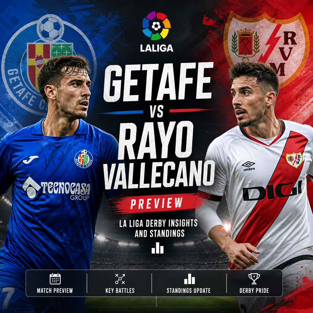 Preview graphic for La Liga derby match between Getafe and Rayo Vallecano with player photos and match insights.