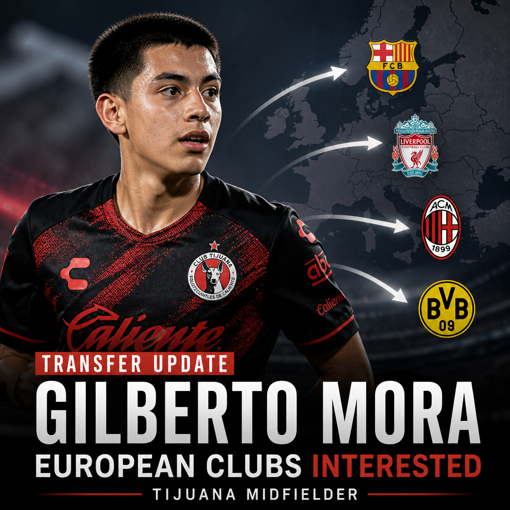 Gilberto Mora depicted with logos of Barcelona, Liverpool, AC Milan, and Borussia Dortmund showing transfer interest.