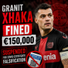 Granit Xhaka in a Bayer Leverkusen kit during a match, with a graphic about his COVID certificate suspension and fine.