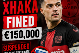 Granit Xhaka in a Bayer Leverkusen kit during a match, with a graphic about his COVID certificate suspension and fine.