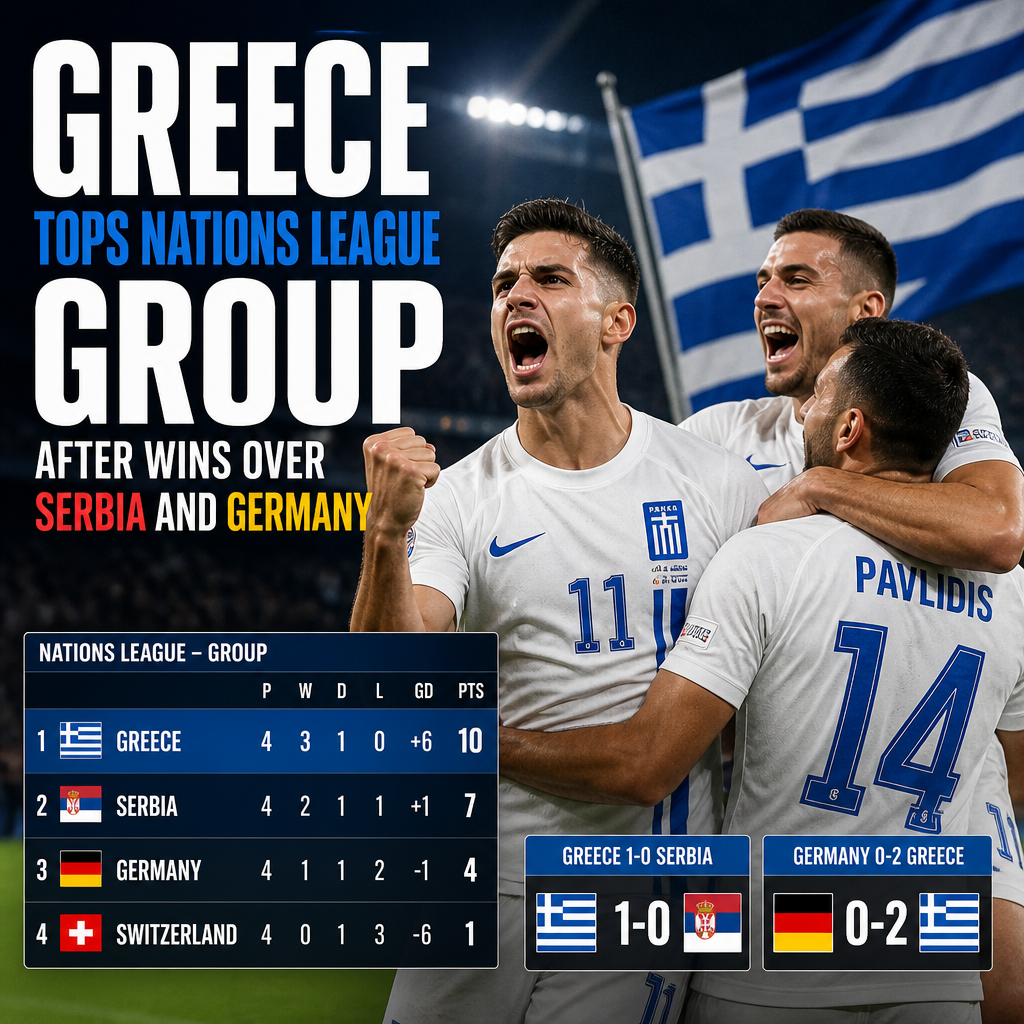 Chart showing Greece leading the Nations League group with recent wins over Serbia and Germany.