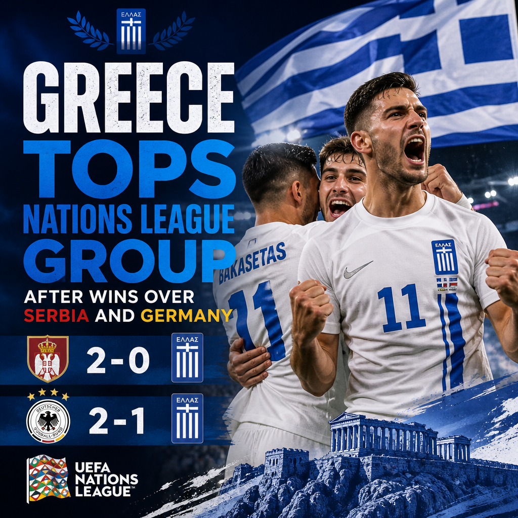 Greece soccer players celebrate after winning against Serbia and Germany in the Nations League.