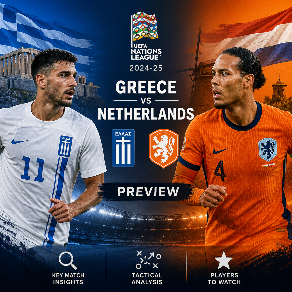 Preview image for Greece vs Netherlands UEFA Nations League 2024-25 match with tactical analysis and key players.