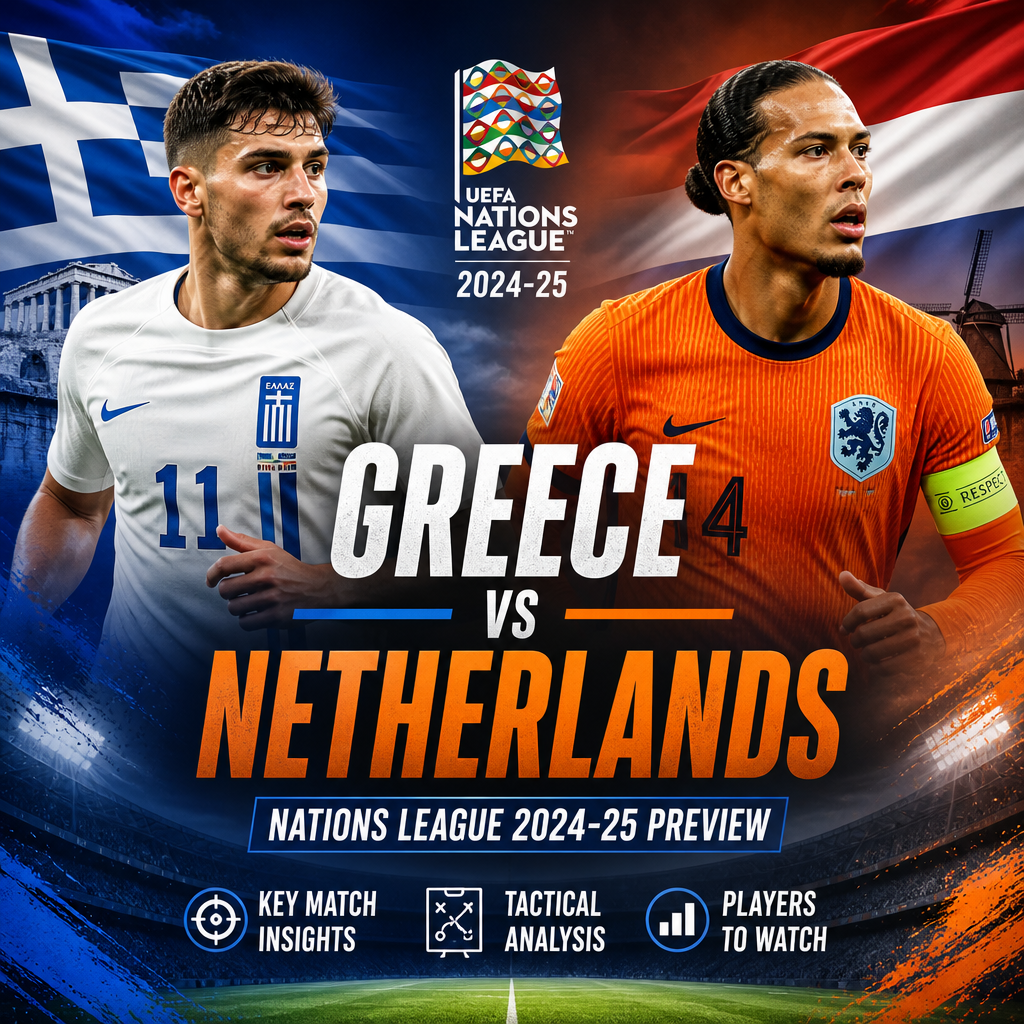 UEFA Nations League 2024-25 preview showing Greece vs Netherlands with tactical analysis and key players highlighted.