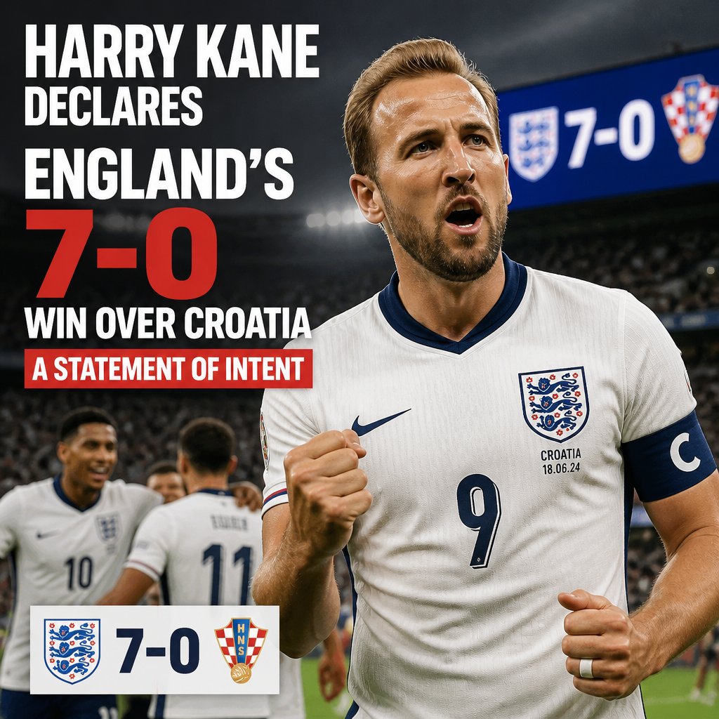Harry Kane celebrates after scoring in England's 7-0 football win over Croatia.