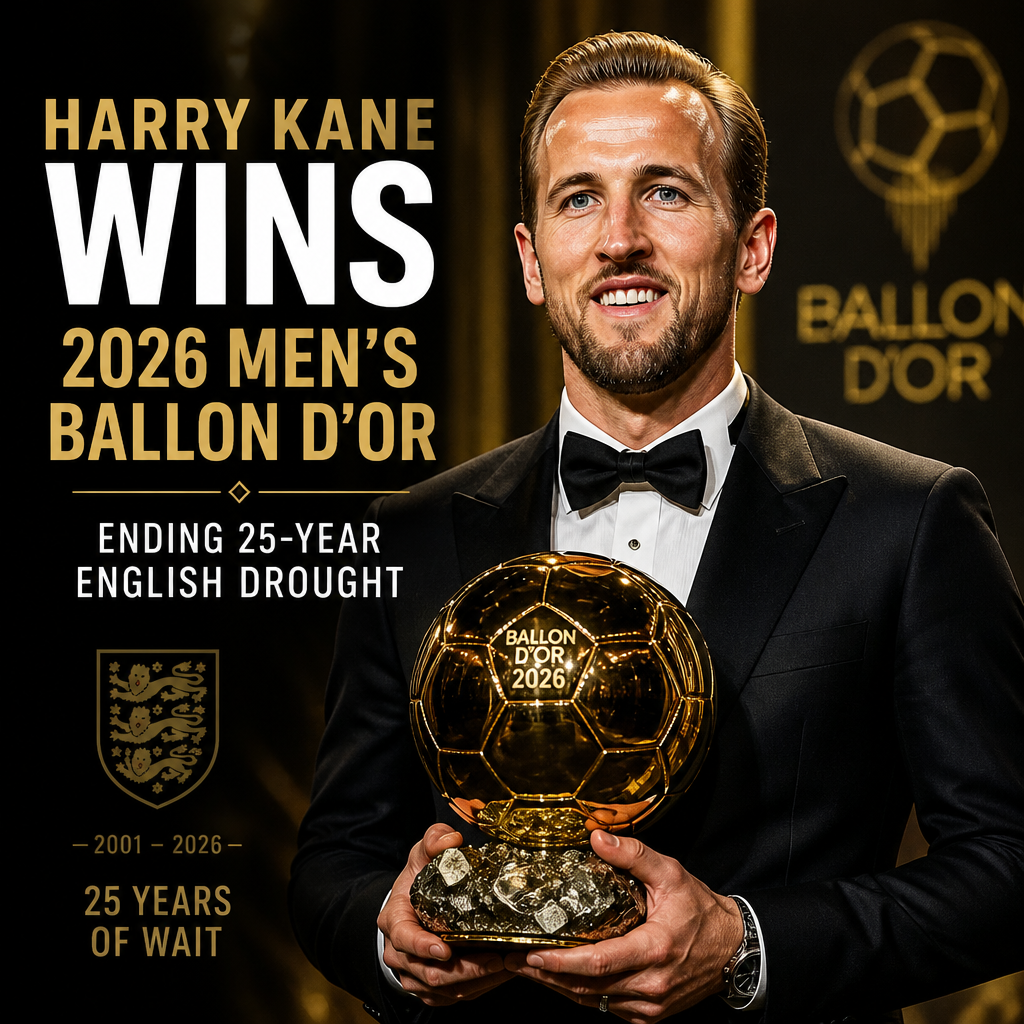 Harry Kane holding the 2026 Ballon d'Or trophy, celebrating an English football milestone.