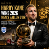 Harry Kane holding the 2026 Men's Ballon d'Or trophy, celebrating his win and ending England's 25-year drought.