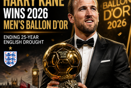 Harry Kane holding the 2026 Men's Ballon d'Or trophy, celebrating his win and ending England's 25-year drought.