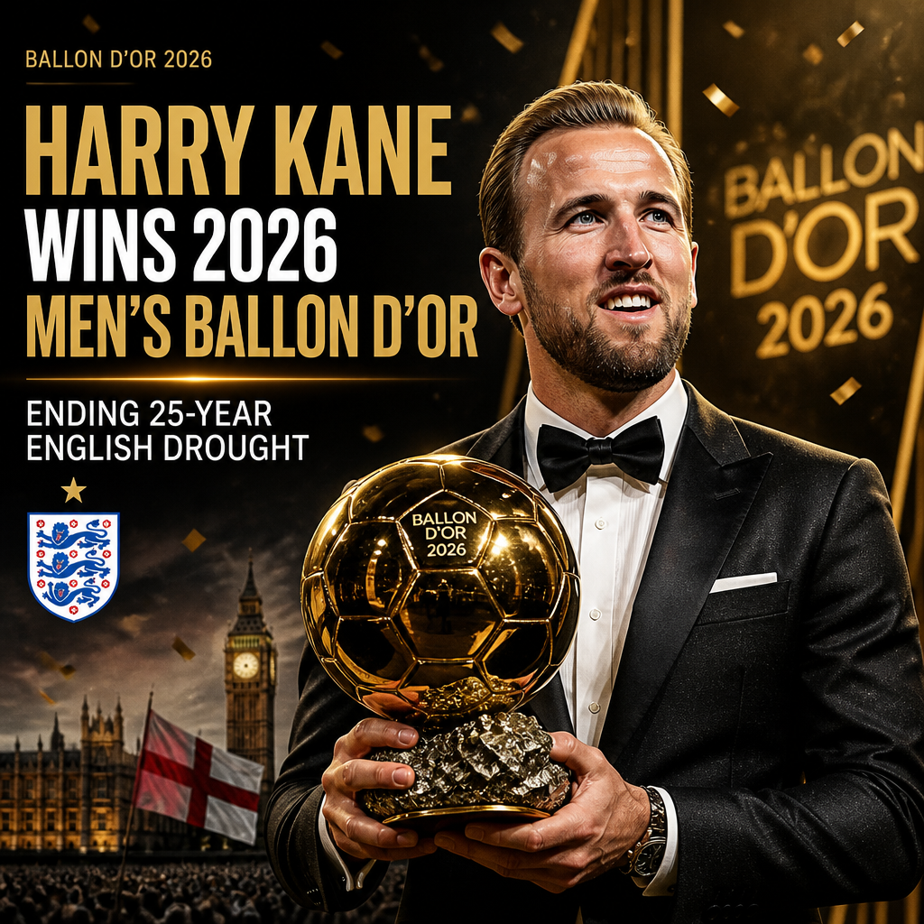 Harry Kane holding the 2026 Men's Ballon d'Or trophy, celebrating his win and ending England's 25-year drought.