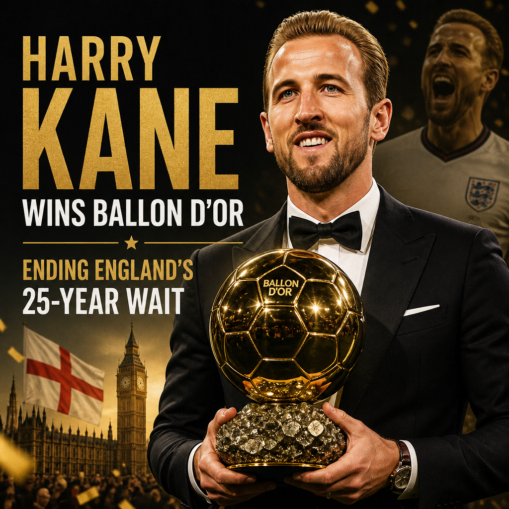 Harry Kane holding the Ballon d'Or trophy, celebrating England's first win in 25 years.