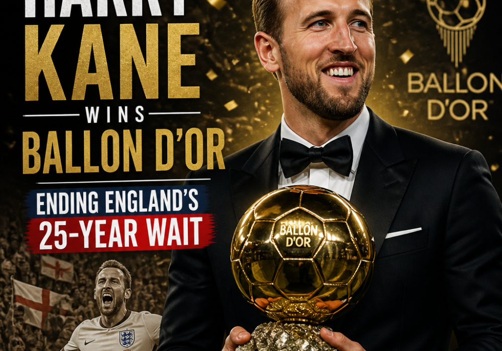 Harry Kane holding the Ballon d'Or trophy, celebrating England’s first win in 25 years.