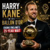 Harry Kane holding the Ballon d'Or trophy, celebrating England’s first win in 25 years.