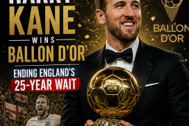 Harry Kane holding the Ballon d'Or trophy, celebrating England’s first win in 25 years.